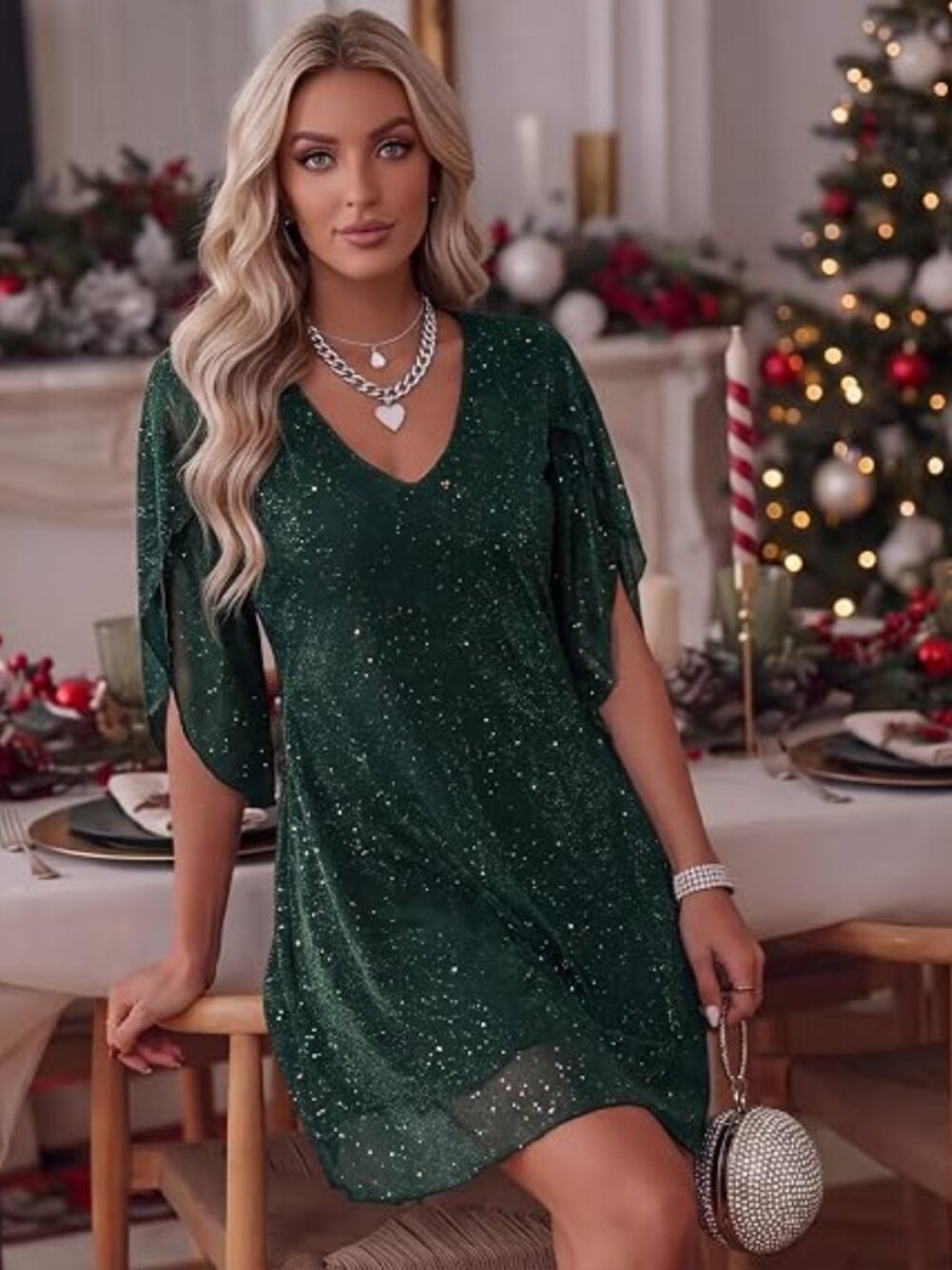 Women's Sparkly Cocktail Dresses for Wedding Guest Flutter Sleeve Loose Chiffon